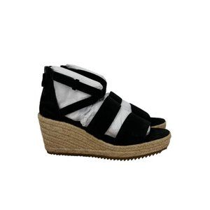 Eileen Fisher Wali Black Tumbled Leather Wedge Espadrilles Sandals- Pick Size